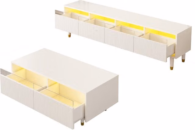 Set di mobili moderno GL Store con LED per soggiorno, mobile TV con 4 ante e tavolino con 2 cassetti, Bianco e Oro, L/P/H: 178 x 35 x 45 cm e 110 x 50 x 40 cm
