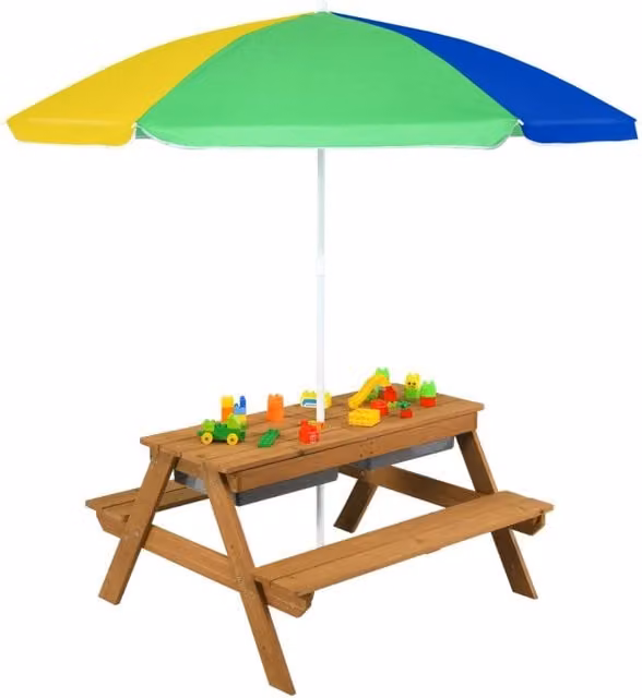 Tavolo picnic per bambini con ombrellone rimovibile e regolabile panche in legno, Tavolino da interno esterno Giallo