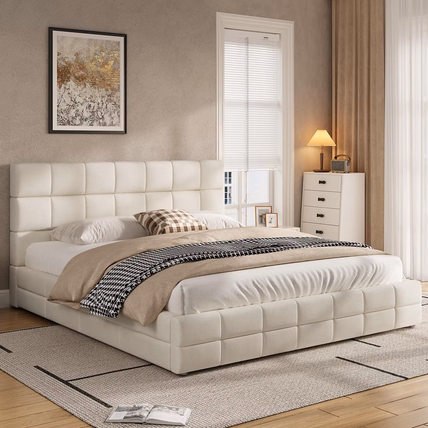Letto imbottito Merax 180x200 cm, letto a piattaforma, letto a piattaforma imbottito con testiera, letto in velluto, letto matrimoniale moderno, struttura letto per camera da letto, beige