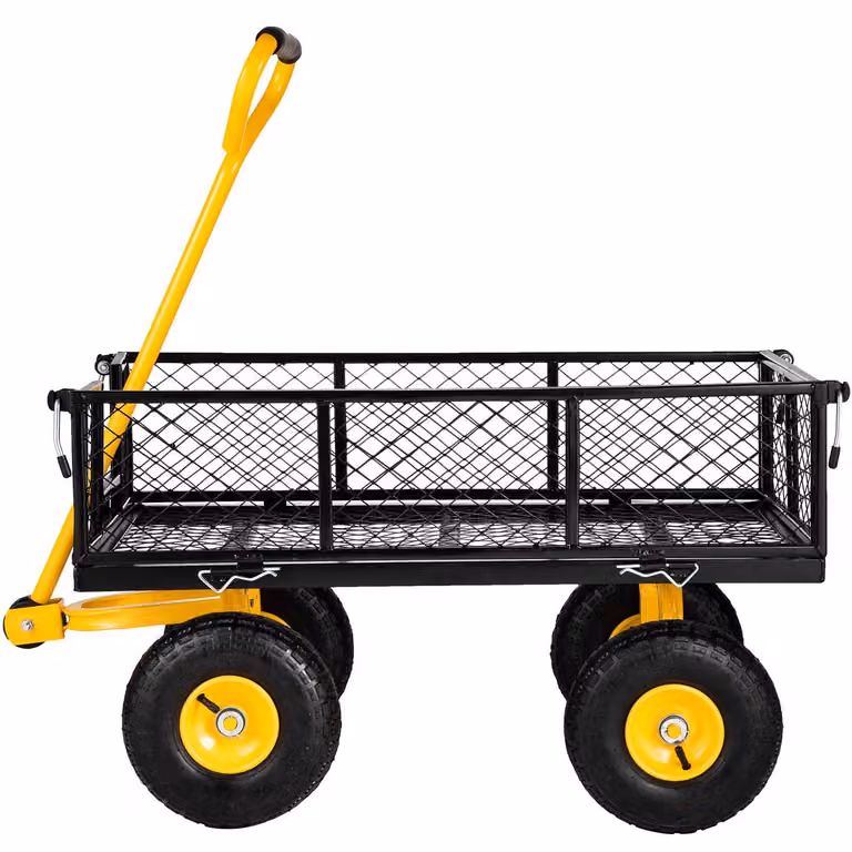 Carrello da giardino, capacità di carico di 400 kg, maniglia girevole a 240°, pneumatici da 10 pollici, pannelli laterali removibili, design pieghevole