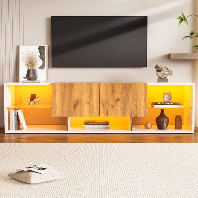 Mobile TV a 3 Ripiani in Truciolato con LED da 160x40x42 cm, Bianco e Legno Naturale, con 2 Cassetti e Ripiano in Vetro, per TV fino a 70 Pollici