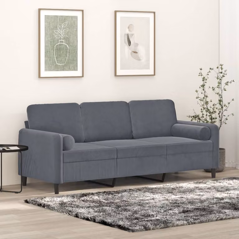 vidaXL Divano a 3 Posti Moderno in Velluto Grigio con Cuscini e Coperture Rimovibili L: 198 cm, P: 80 cm, H: 77 cm