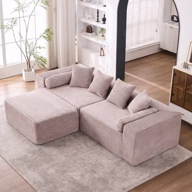 Divano modulare con chaise longue in schiuma e molle beige