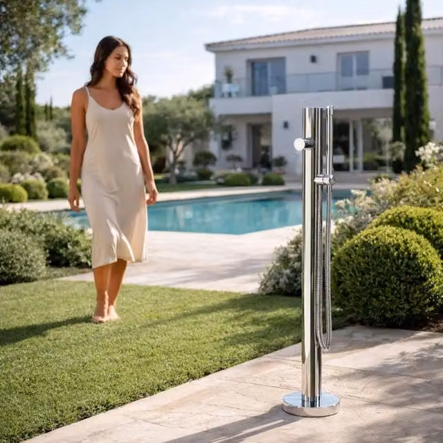Fontana da giardino a colonna esterna Sambuco in acciaio inox color argento con miscelatore, Altezza: 100 cm – 1