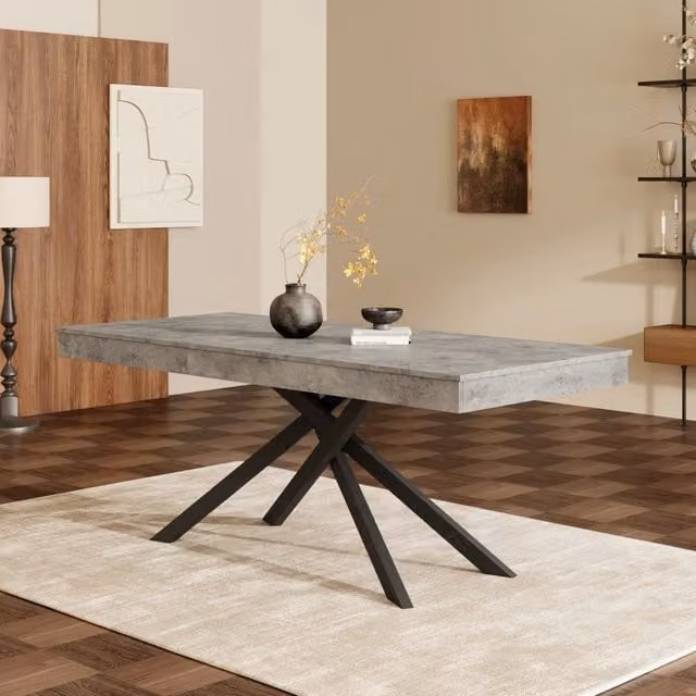 Tavolo da pranzo allungabile grigio 140/180x80 cm, 6-8 posti, piano spesso, gambe in metallo, stile semplice per cucina e soggiorno