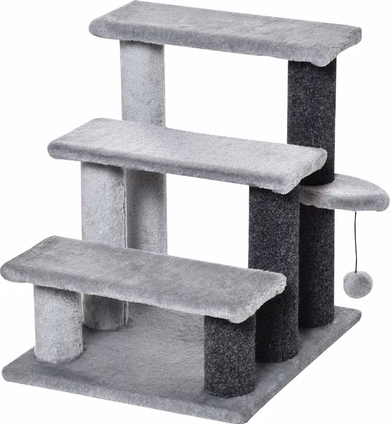 Moonbite, scala per animali domestici con 3 gradini, dimensioni 45 x 40 x 48 cm, superfici per grattare in corda di juta, palla giocattolo, piattaforme in peluche, adatta a cani e gatti fino a 5 kg, realizzata in legno, colore grigio