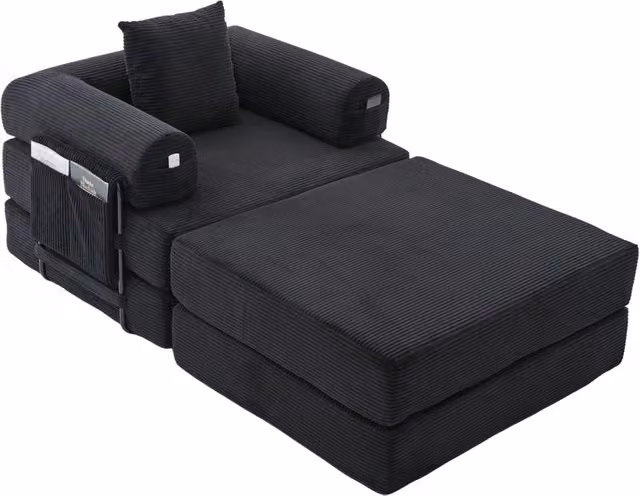 Poltrona in velluto a costine con poggiapiedi, struttura in metallo resistente, design ergonomico e imbottitura spessa per comfort duraturo, con tasca laterale e cuscino coordinato