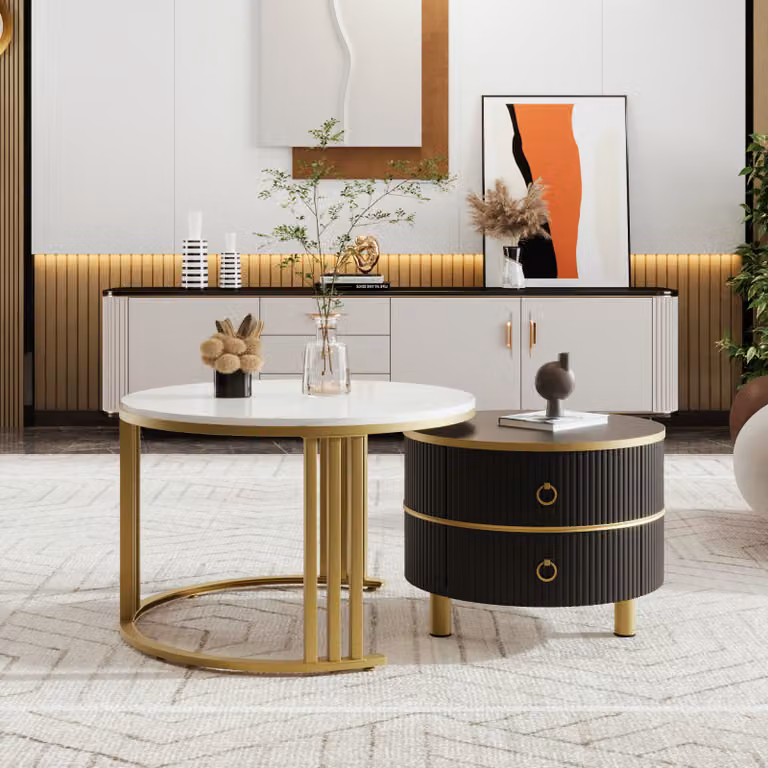 Set di 2 tavolini da caffè rotondi - con piano in vetro marrone, 2 cassetti, design moderno - nero