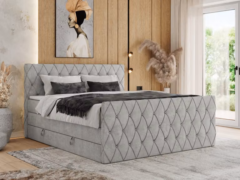 Letto boxspring MKS MEBLE 120 x 200 cm con contenitore, letto 120 x 200 cm con materasso H3, letto boxspring 120 x 200 cm con topper - Miren King Duo - Grigio chiaro strutturato - H3