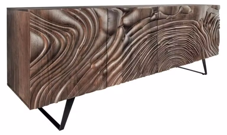 Credenza GAÏA, altezza 177 cm, in legno massello di mango scuro, con 4 ante e facciate decorate con intagli, finitura marrone e nero