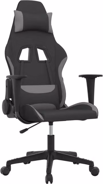 Sedia da Gaming con Poggiatesta e Braccioli, Rivestimento in Tessuto, Nero e Grigio, Regolabile e Girevole a 360 Gradi