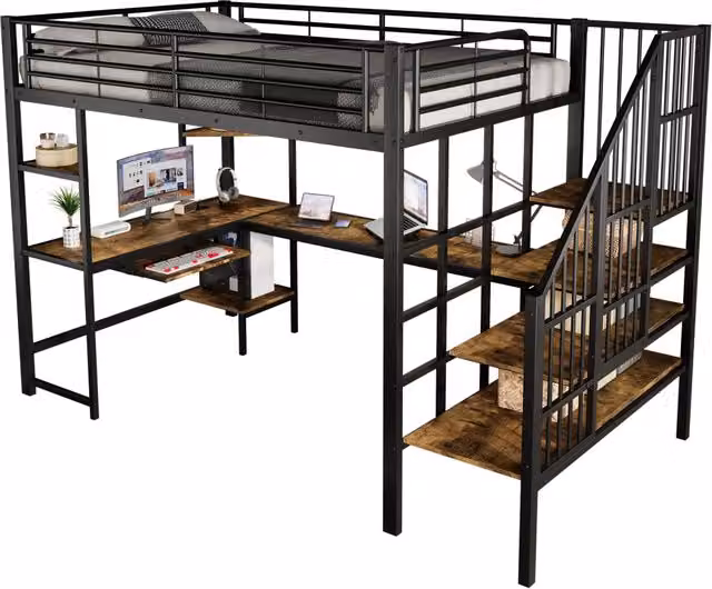 Letto a castello REDOM con scrivania e porta di ricarica USB, Nero e Noce scuro, L/P/H: 200 x 120 x 170 cm – 1