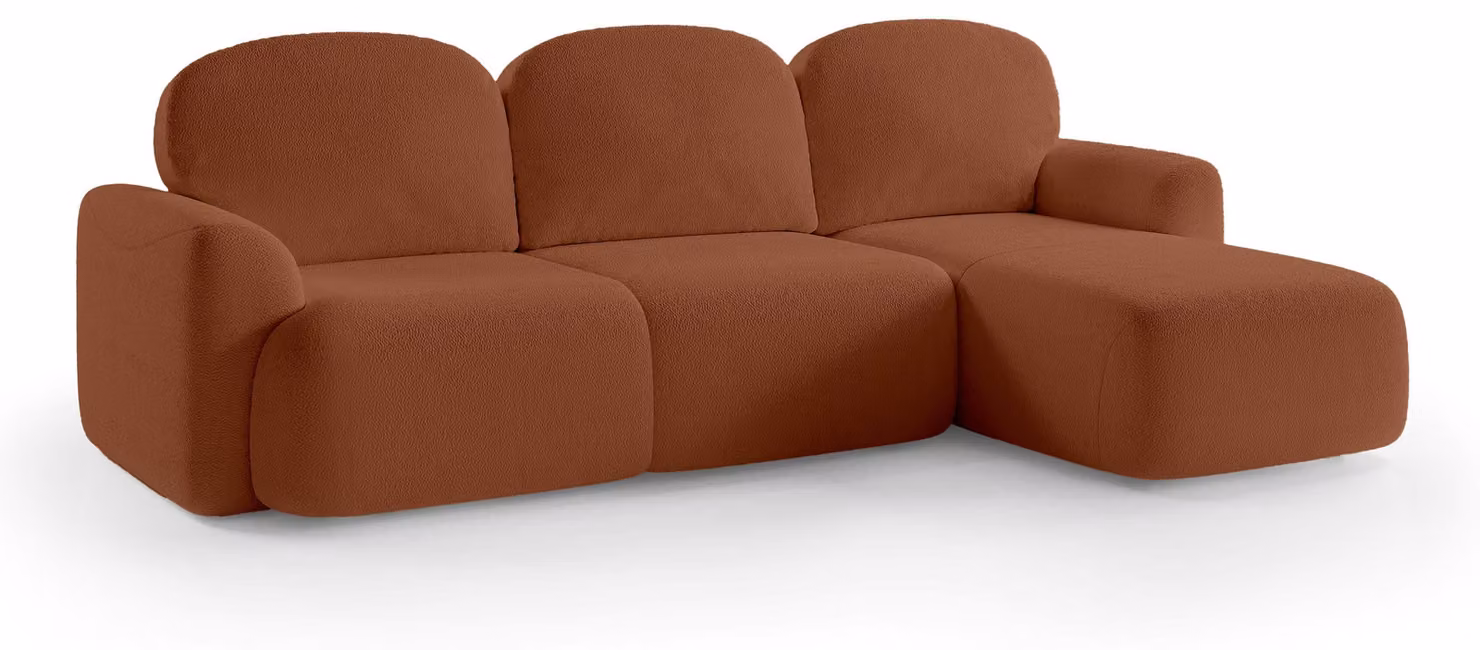 Divano a tre posti con funzione letto, modello Bulu, con struttura in legno color caramello, lato destro