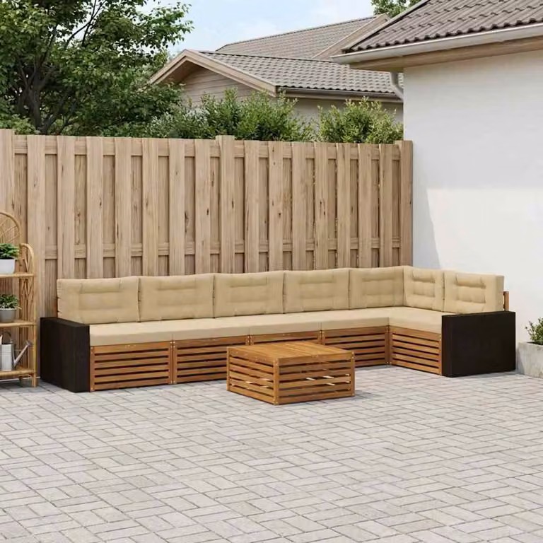 Set di divani da esterno vidaXL a forma di L composto da 7 pezzi con tavolo da caffè, in legno di acacia e tessuto beige e marrone