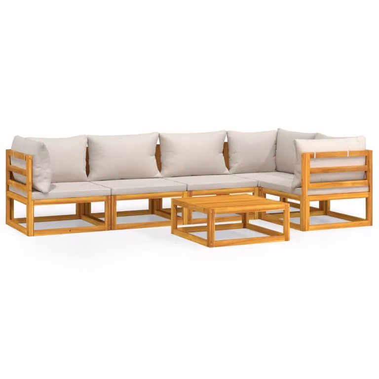 Set Salotto Giardino 6pz Cuscini Grigio Chiaro Legno Massello