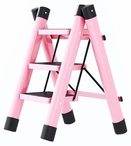Scala pieghevole, con 3 gradini, antiscivolo, impermeabile, resistente alla ruggine, per elettrodomestici, colore rosa