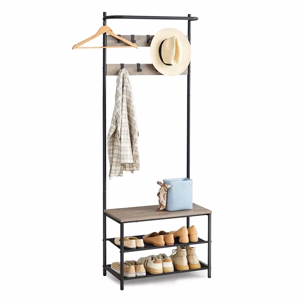 Appendiabiti da Ingresso con Panca Scarpiera, Greige + Nero / 32,2 x 64 x 180 cm