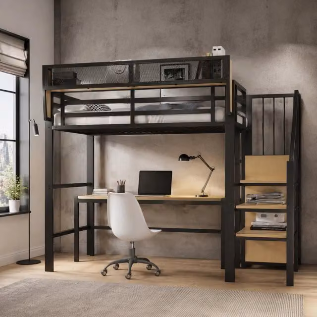 Letto a soppalco 90x200 cm con scala di sicurezza e scaffale regolabile; metallo e MDF; nero