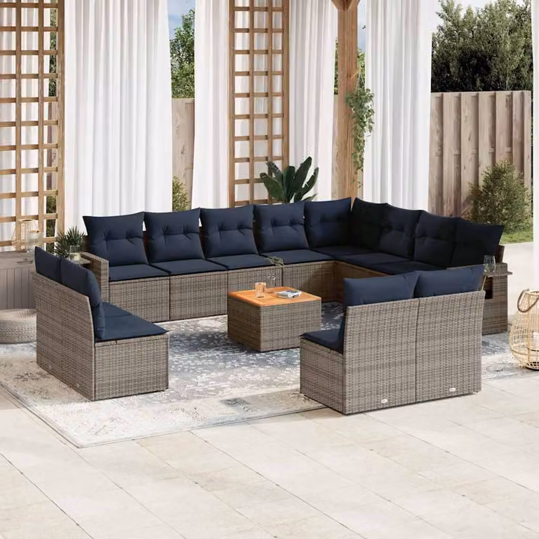 Set Divani da Giardino vidaXL 13 pz in Polyrattan Grigio con Cuscini e Tavolino da Esterno a Forma di U