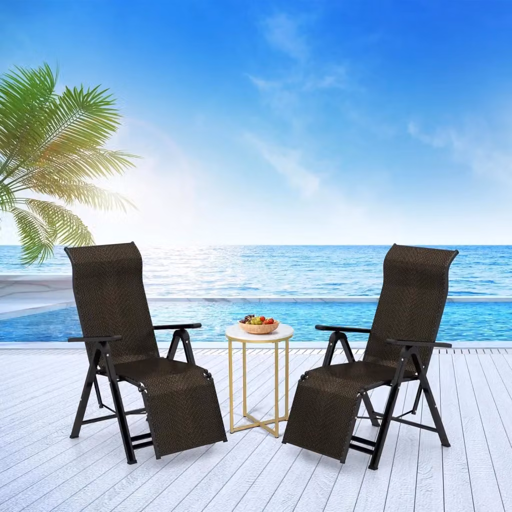 Set di 2 sedie a sdraio reclinabili in rattan e acciaio COSTWAY colore marrone con schienale regolabile e ampi braccioli per giardino e balcone – 2