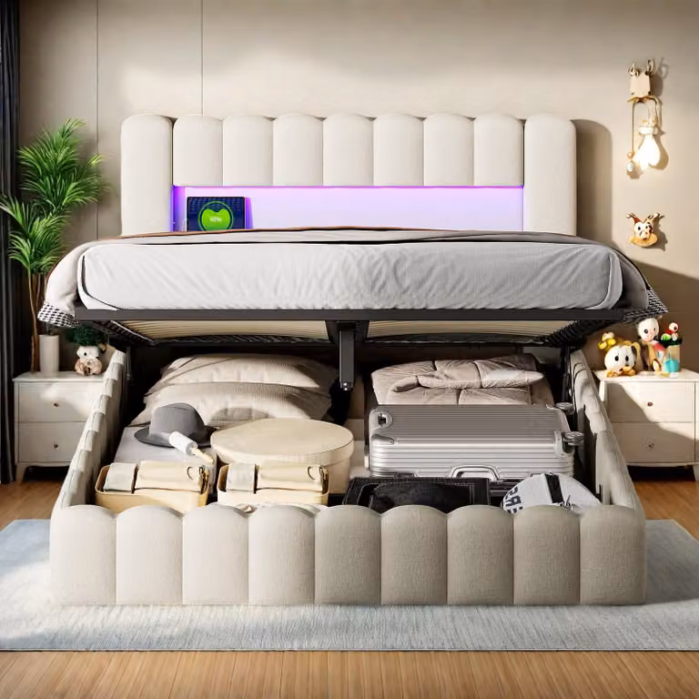 Letto imbottito ProximaX con funzione di ricarica USB e testata a LED, letto contenitore letto matrimoniale idraulico 140x200cm, rete a doghe in legno, letto con rete a doghe in metallo, lino, beige