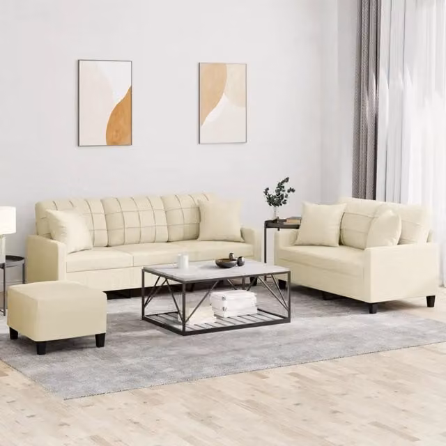 Set di divani moderno vidaXL in similpelle beige composto da divano a 3 posti, divano a 2 posti e pouf con cuscini inclusi