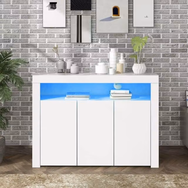 Credenza vetrina Zephmum bianca lucida con luci LED integrate e ante in vetro