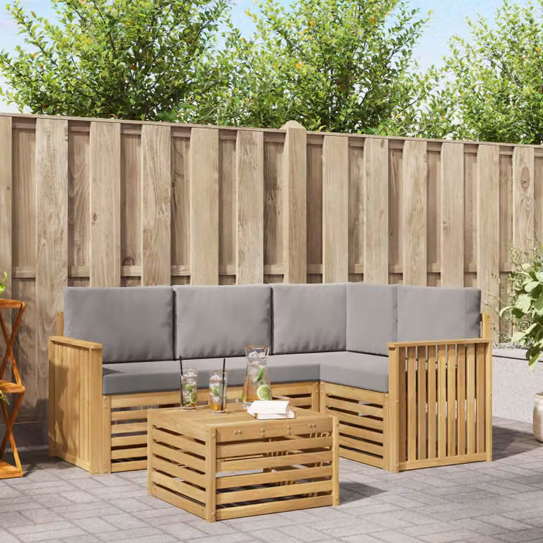 Set di divani da esterno vidaXL a forma di L con tavolino, composto da 5 pezzi in legno di acacia e tessuto bianco e grigio
