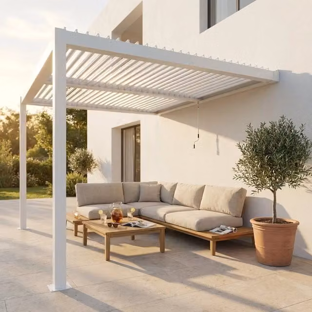 Pergola bioclimatica addossata in alluminio TONY colore bianco