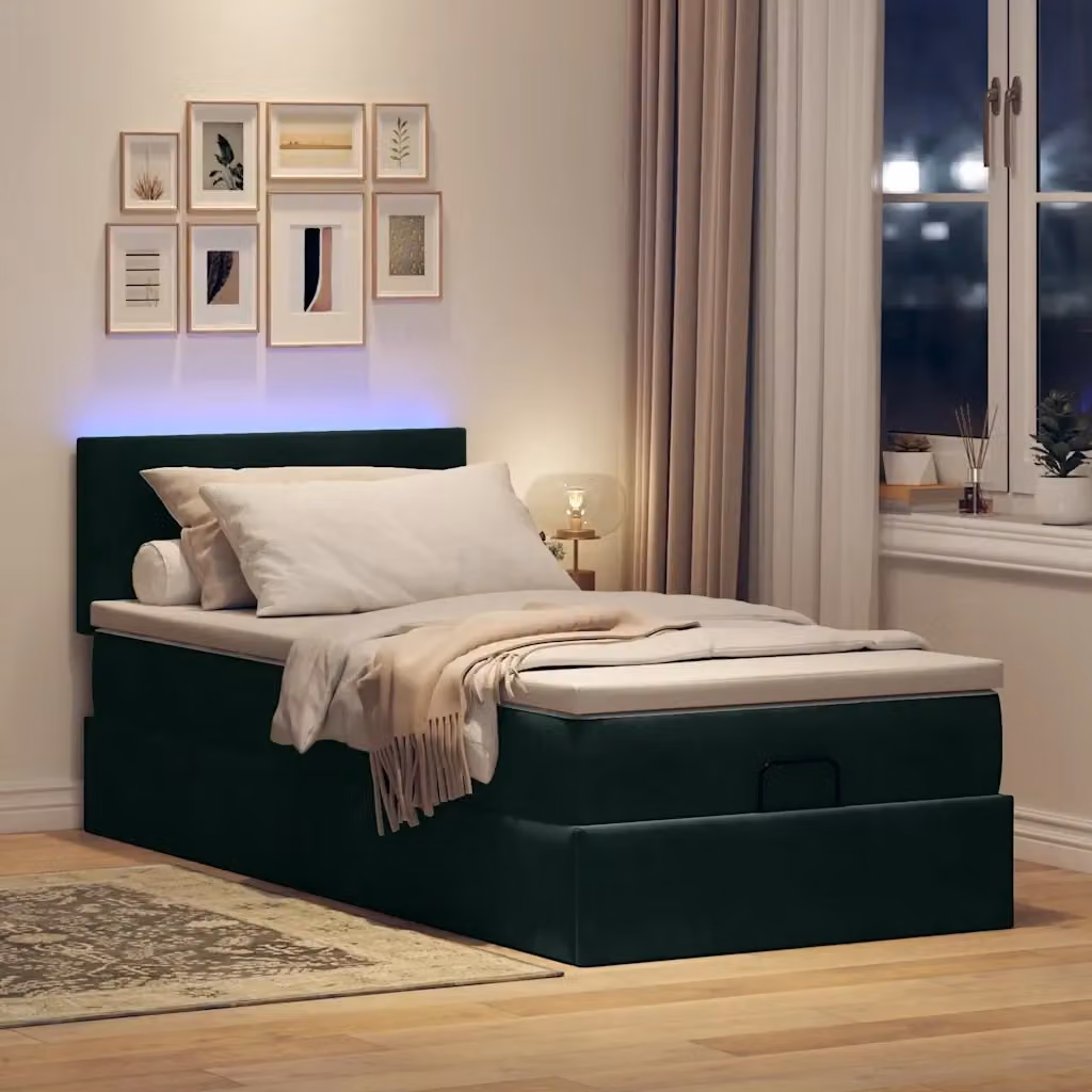 Letto con contenitore a sollevamento e materasso vidaXL in velluto con illuminazione sottostante e porte USB, L/P/H: 190 x 90 x 88 cm, Verde e Bianco – 2