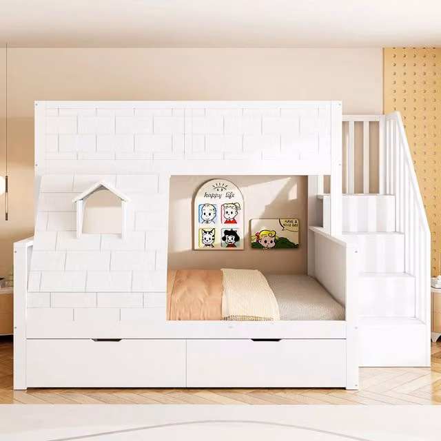 Letto a castello per bambini moderno in legno e MDF con scala contenitore e cassetti, colore bianco
