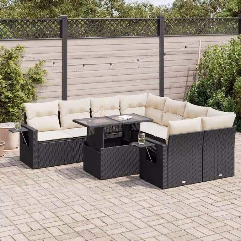 Set di divani da giardino vidaXL in polyrattan nero con cuscini e tavolino da esterno a forma di U