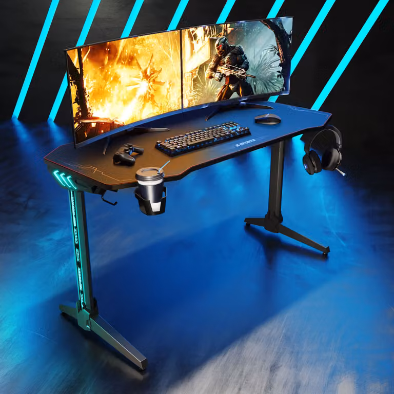 Gamer Desk, scrivania da gioco con illuminazione LED RGB 140 cm scrivania per computer nera illuminazione RGB ergonomica con portabicchieri portacuffie