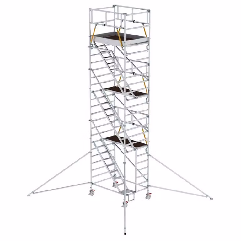 Ponteggio mobile SG 1,35 x 1,80 m con scale inclinate e bracci di sostegno; altezza della piattaforma 6,43 m