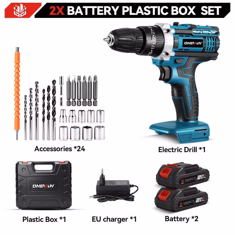 Trapano avvitatore a batteria 3-in-1 - Trapano a percussione - 500W - 25+3 livelli di coppia - 18V - Set con 2 batterie