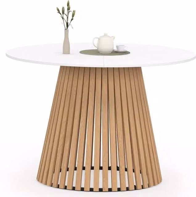 IDMarket Tavolo da pranzo rotondo CARMEN per 6 persone con piano bianco e gambe in legno marrone, Diametro: 110 cm, Altezza: 75 cm – 1
