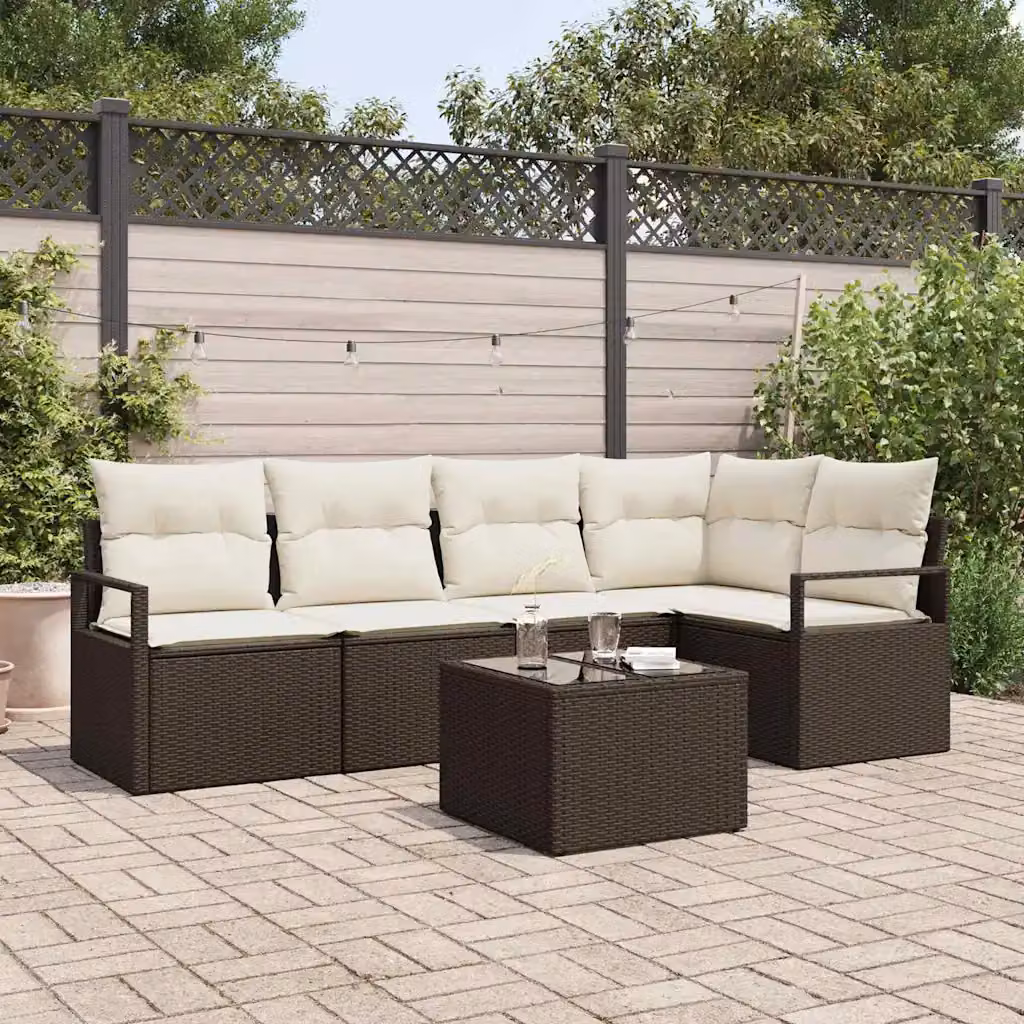 Set Divano da Giardino Moderno vidaXL 6 Pezzi con Tavolino e Cuscini Marrone e Beige in Polyrattan e Acciaio Verniciato a Polvere – 1