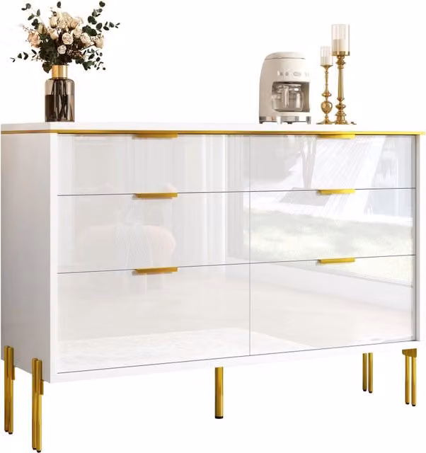 Madia moderna con 6 cassetti e frontali lucidi per soggiorno, sala da pranzo o ingresso, colore bianco, L: 120 cm, P: 40 cm, H: 85.5 cm