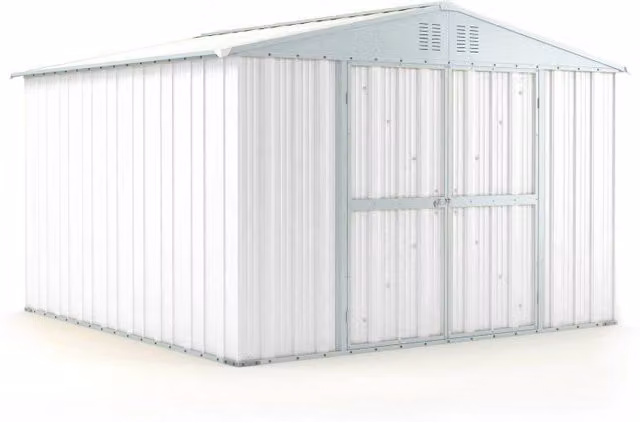 Casetta Box da Giardino Enaudi in Acciaio Zincato Bianco con Doppia Porta e Serratura L: 327 cm, P: 307 cm, H: 217 cm