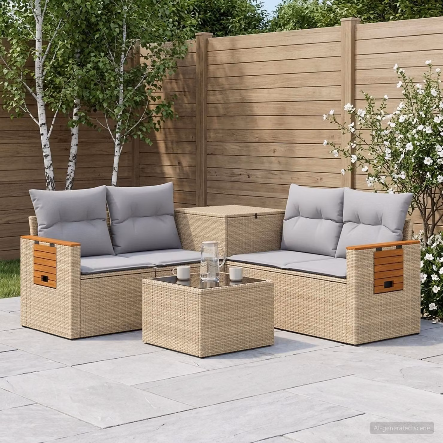 Set di divani da giardino vidaXL in polyrattan con tavolo da caffè, 6 pezzi, beige e grigio chiaro
