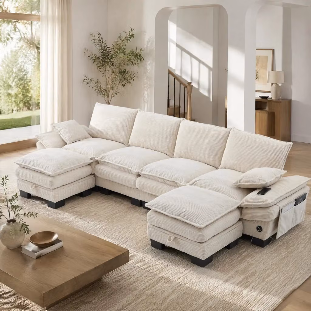 Divano panoramico modulare Mivray a 4 posti in velluto a coste beige con pouf coordinati e ricarica USB-C L: 330 cm, P: 132 cm, H: 84 cm – 2