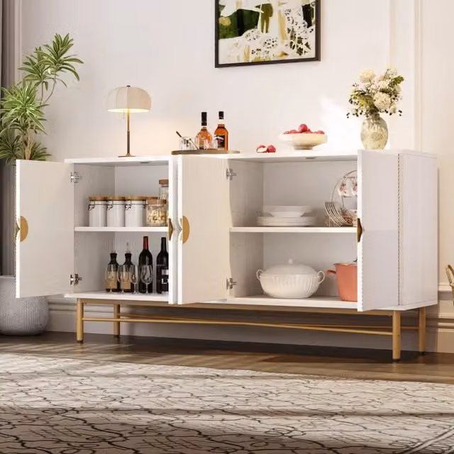 Sideboard bianco 160x40x82 cm, texture in rilievo, 4 ante, maniglie spazzolate oro, gambe lucide