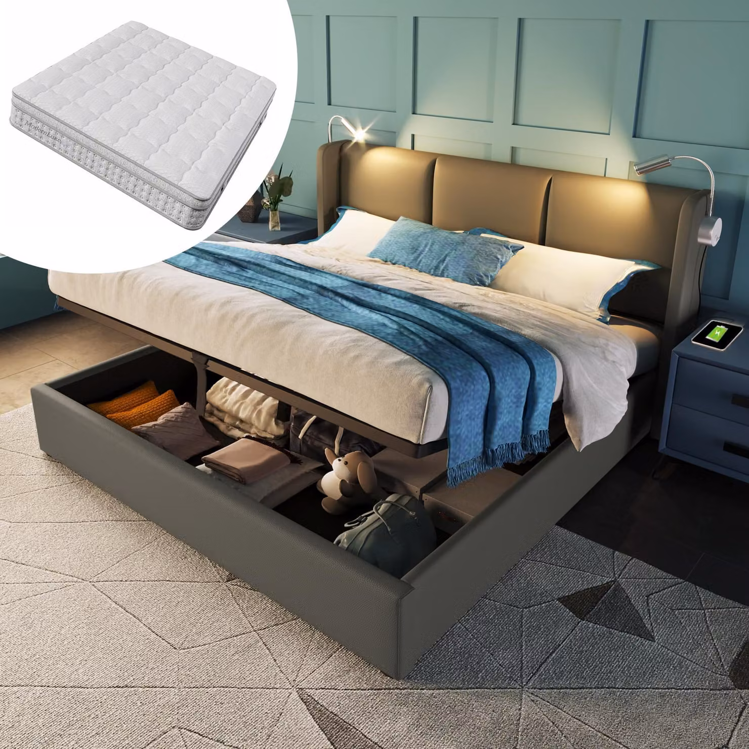 Letto imbottito 160x200 cm completo di materasso, contenitore portaoggetti, lampada da lettura e funzione di ricarica USB, rete a molle idraulica, materasso a molle insacchettate a 7 zone, modello H3
