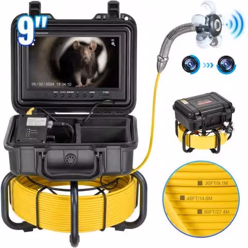 Telecamera per ispezione fognature VEVOR con schermo HD 1080P, zoom 36X, cavo da 30 m, luci LED e scheda da 32 GB, colore giallo