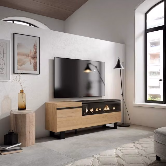 Mobile TV Soggiorno, 150x35x57cm, Per TV fino a 65", Camino elettrico, Design industriale, colore Rovere e nero RF2437