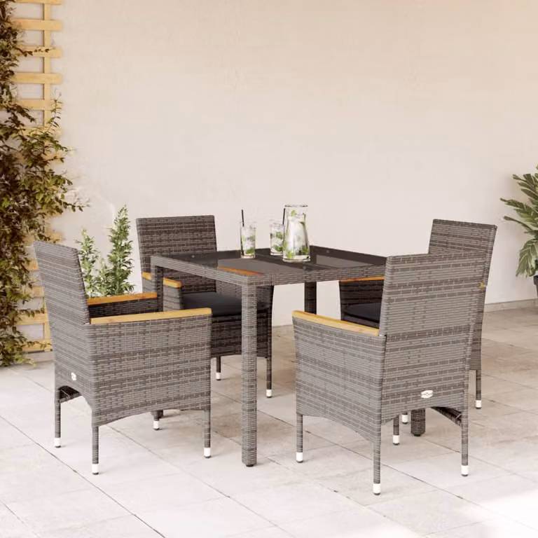 vidaXL Set da Pranzo da Giardino 5 pz in Polyrattan e Legno di Acacia con Vetro e Cuscini Grigio