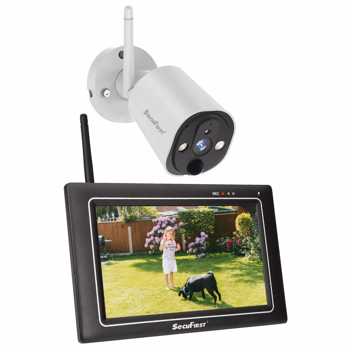 Set di telecamere di sorveglianza per esterni SecuFirst 2K con monitor touchscreen, 64GB inclusi, senza WLAN.
