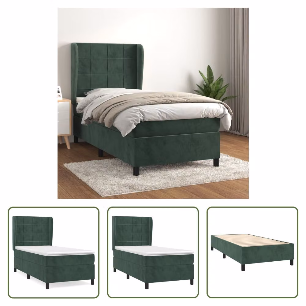 The Living Store Letto a molle con materasso verde scuro 90x200 cm in velluto