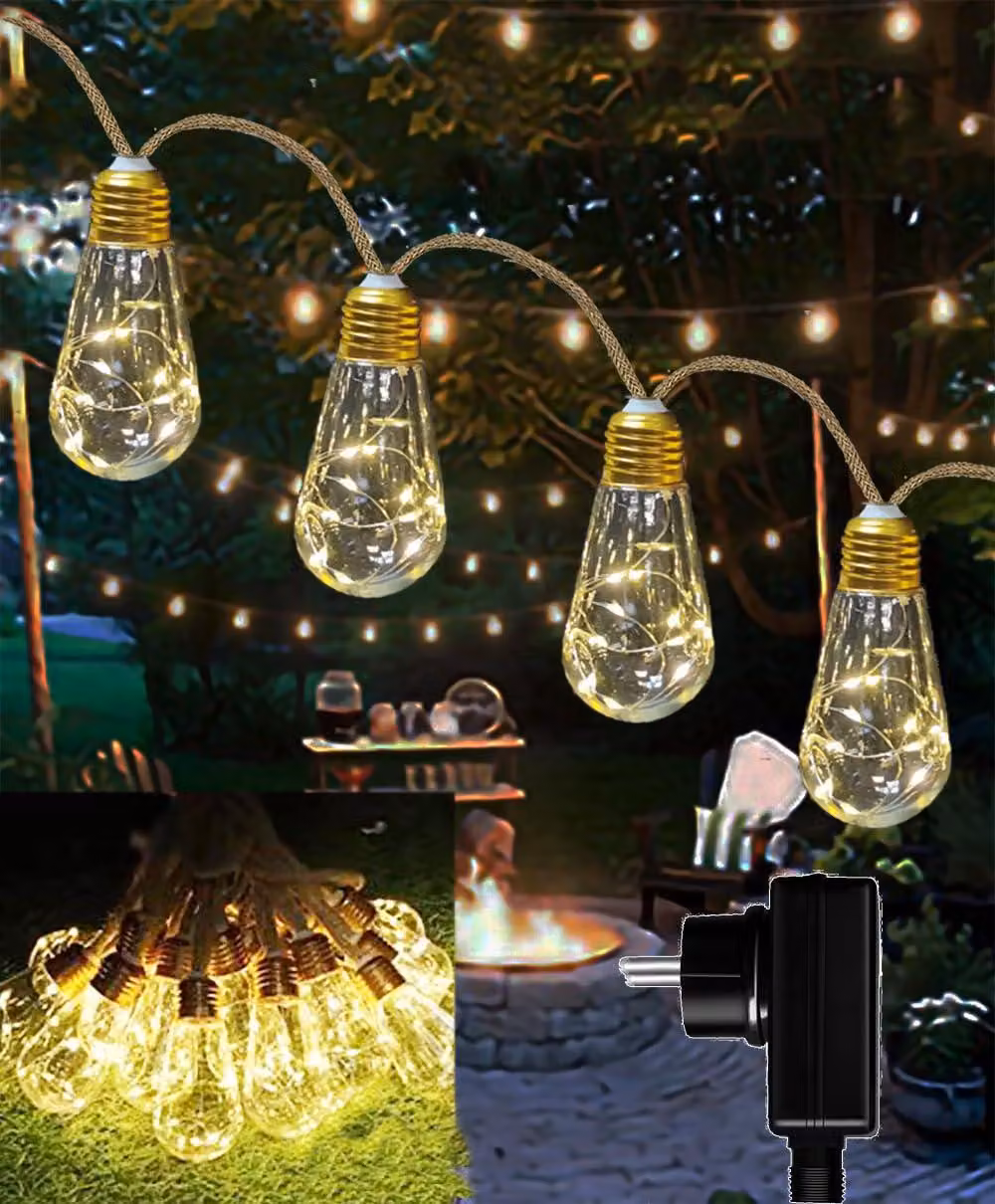 Catena luminosa da 6 metri, con 16 lampadine LED, luce bianco caldo, grado di protezione IP65, timer, 8 modalità