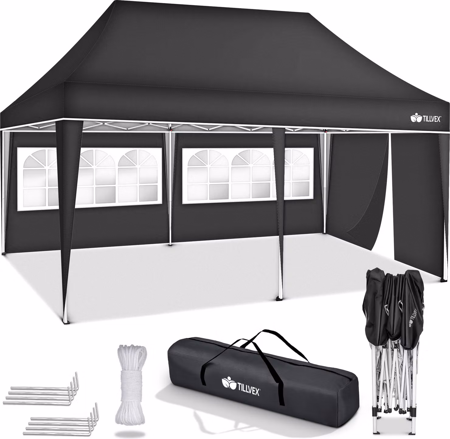 gazebo tillvex 3x6m - con 3 pannelli laterali antracite impermeabile | gazebo pop-up pieghevole regolabile in altezza | tenda da giardino protezione UV 50+ | tenda da festa con borsa per giardino